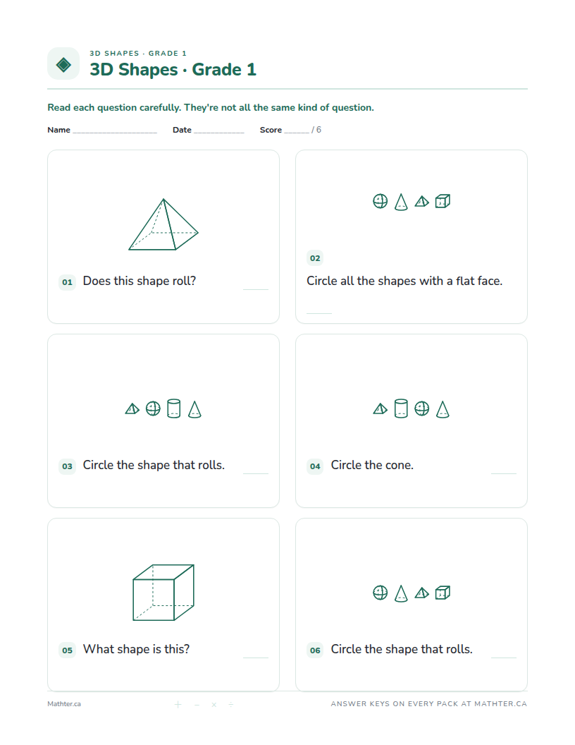 Beginner Grade 1 3d shapes worksheet, page one