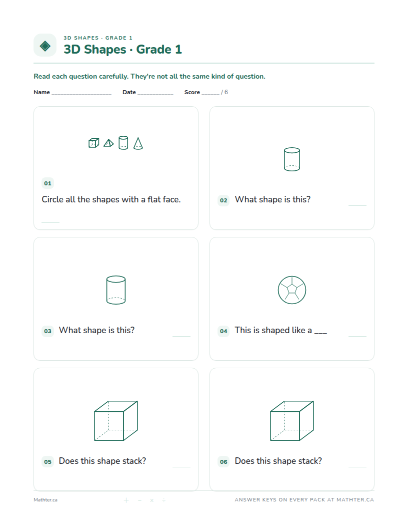 Advanced Grade 1 3d shapes worksheet, page one