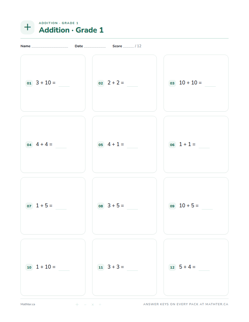 Beginner Grade 1 addition worksheet, page one