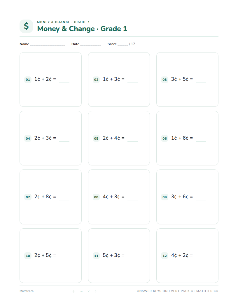 Beginner Grade 1 money & change worksheet, page one