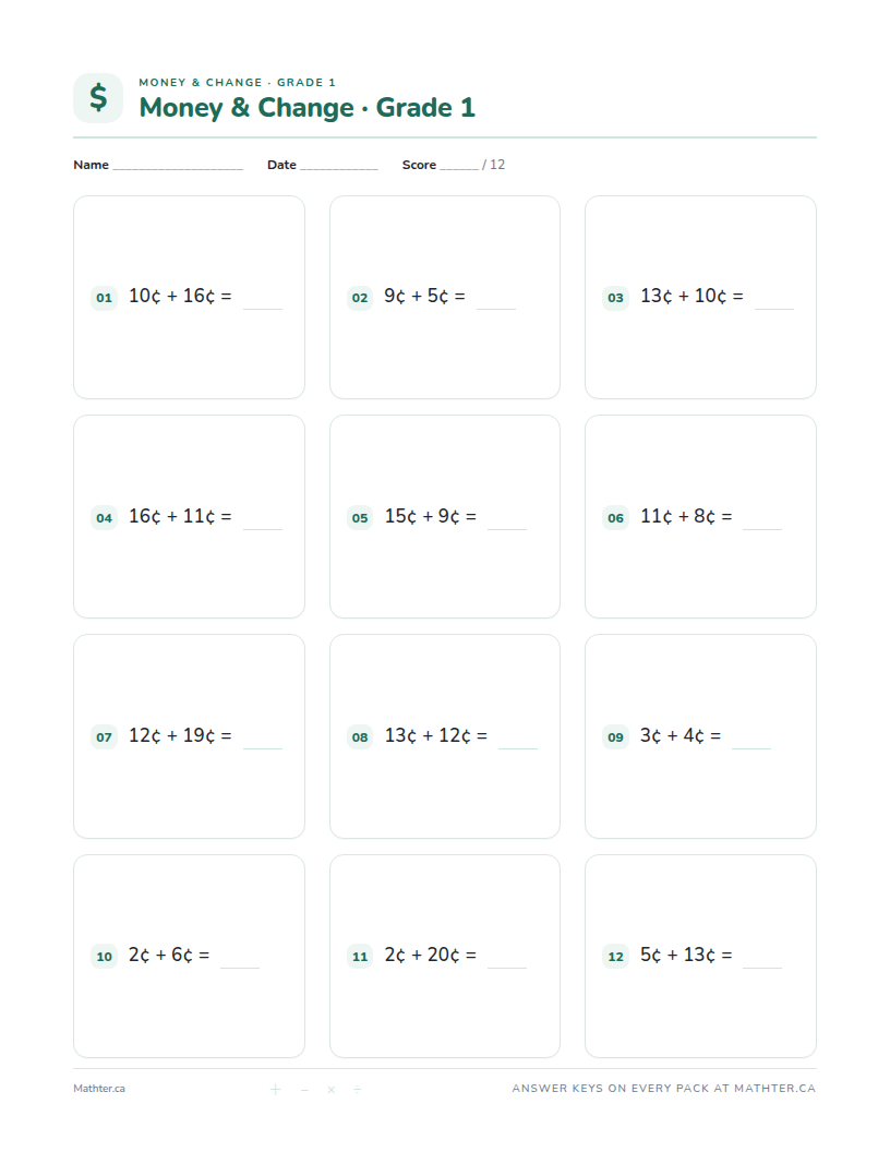 Advanced Grade 1 money & change worksheet, page one