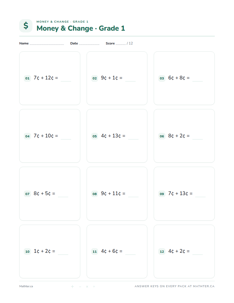 Intermediate Grade 1 money & change worksheet, page one