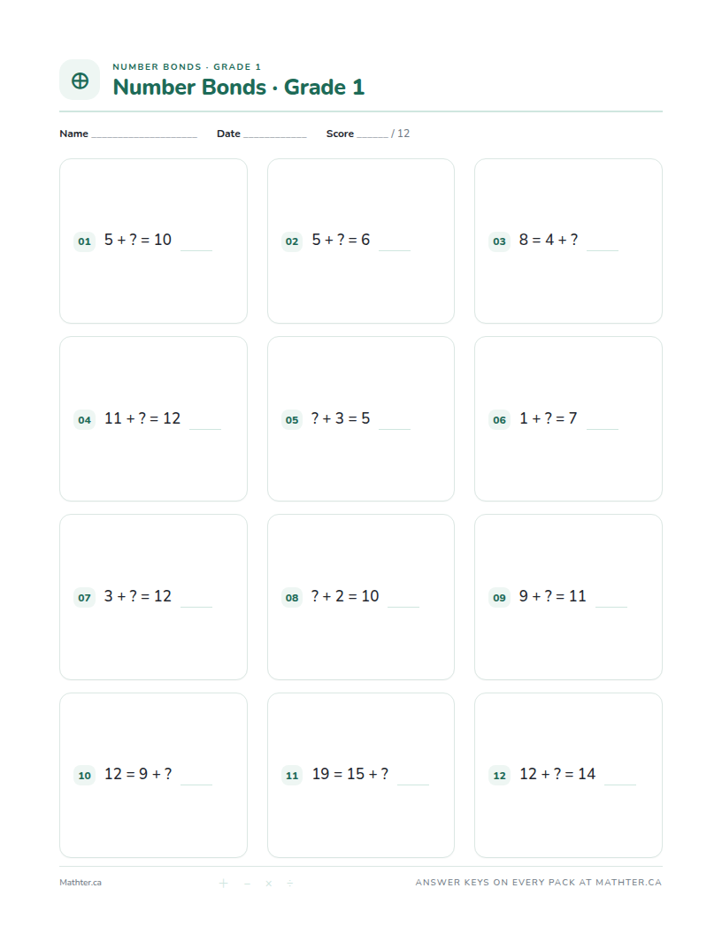 Intermediate Grade 1 number bonds worksheet, page one