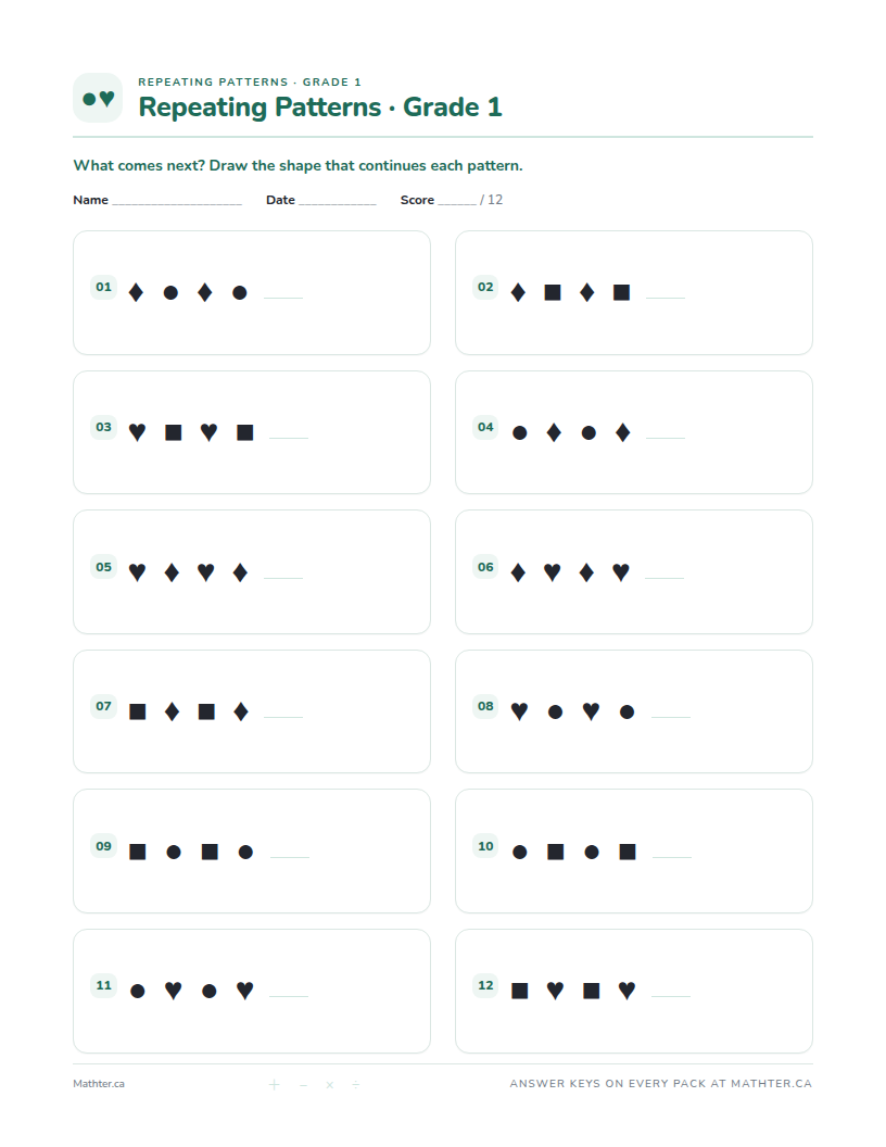 Beginner Grade 1 repeating pattern worksheet, page one