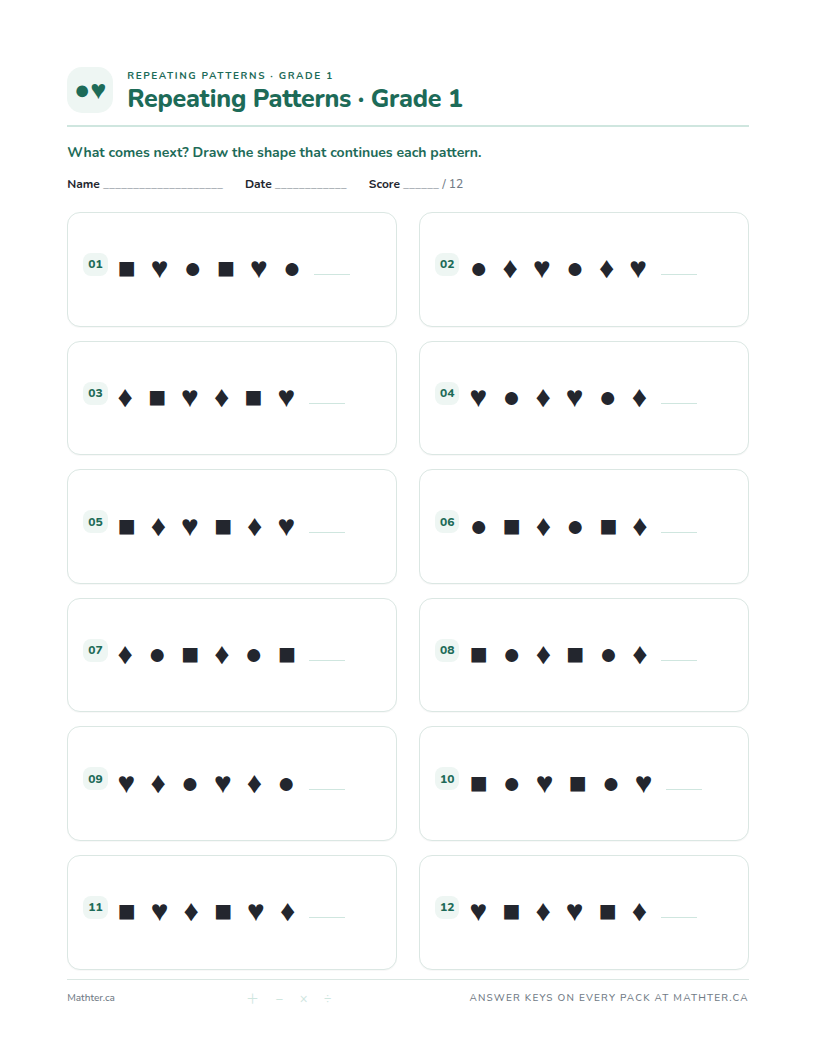 Advanced Grade 1 repeating pattern worksheet, page one