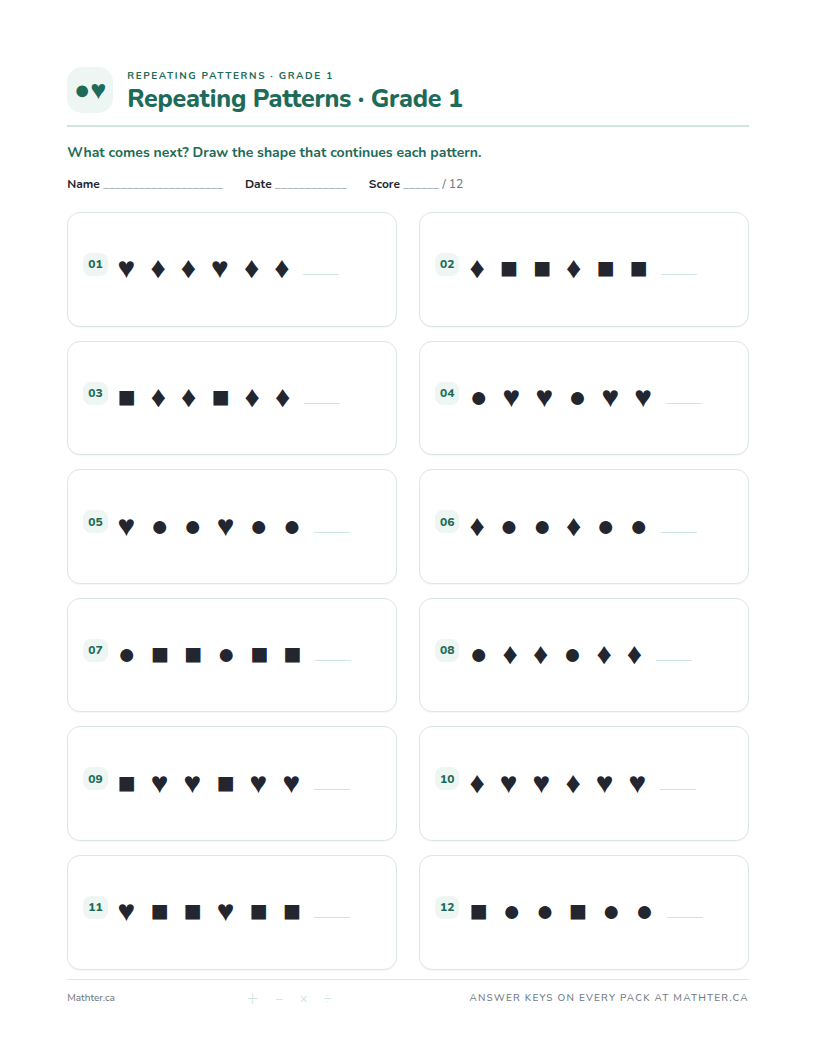 Intermediate Grade 1 repeating pattern worksheet, page one