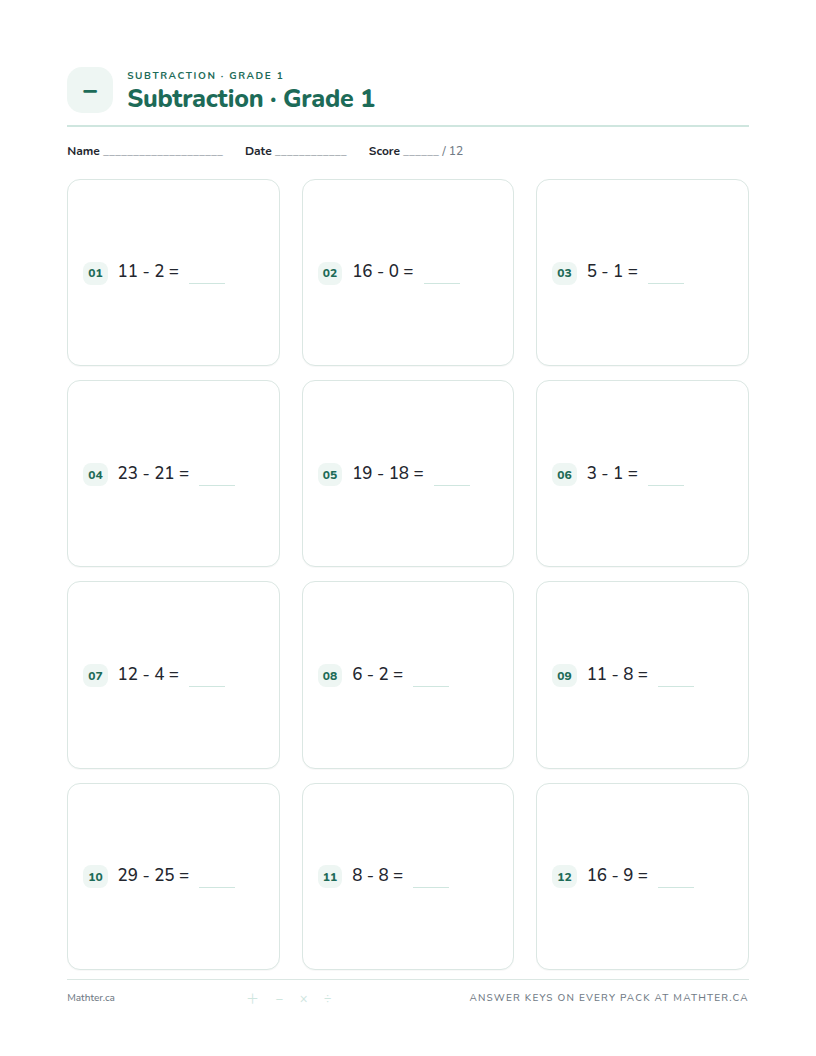 Advanced Grade 1 subtraction worksheet, page one