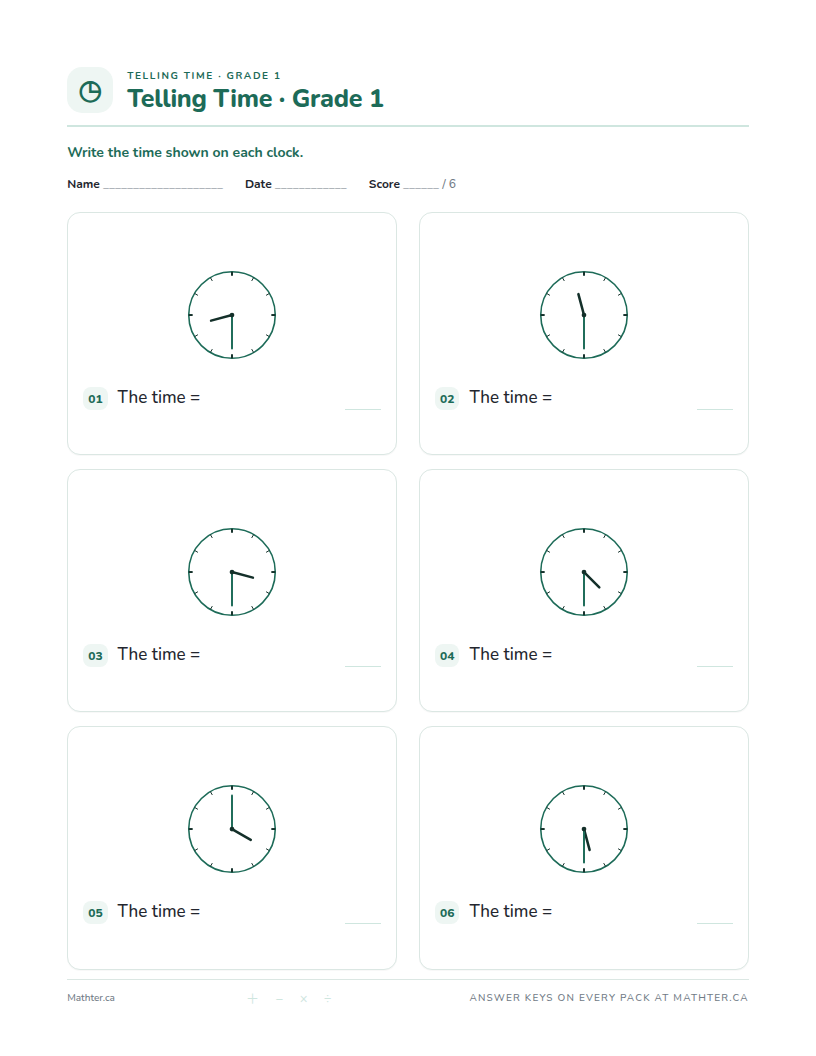 Beginner Grade 1 telling time worksheet, page one