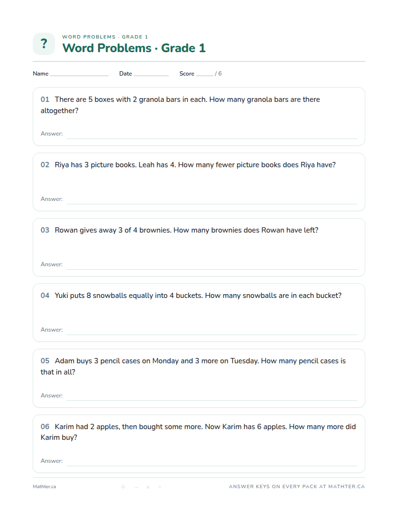 Beginner Grade 1 word problem worksheet, page one