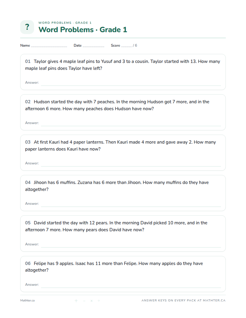 Advanced Grade 1 word problem worksheet, page one