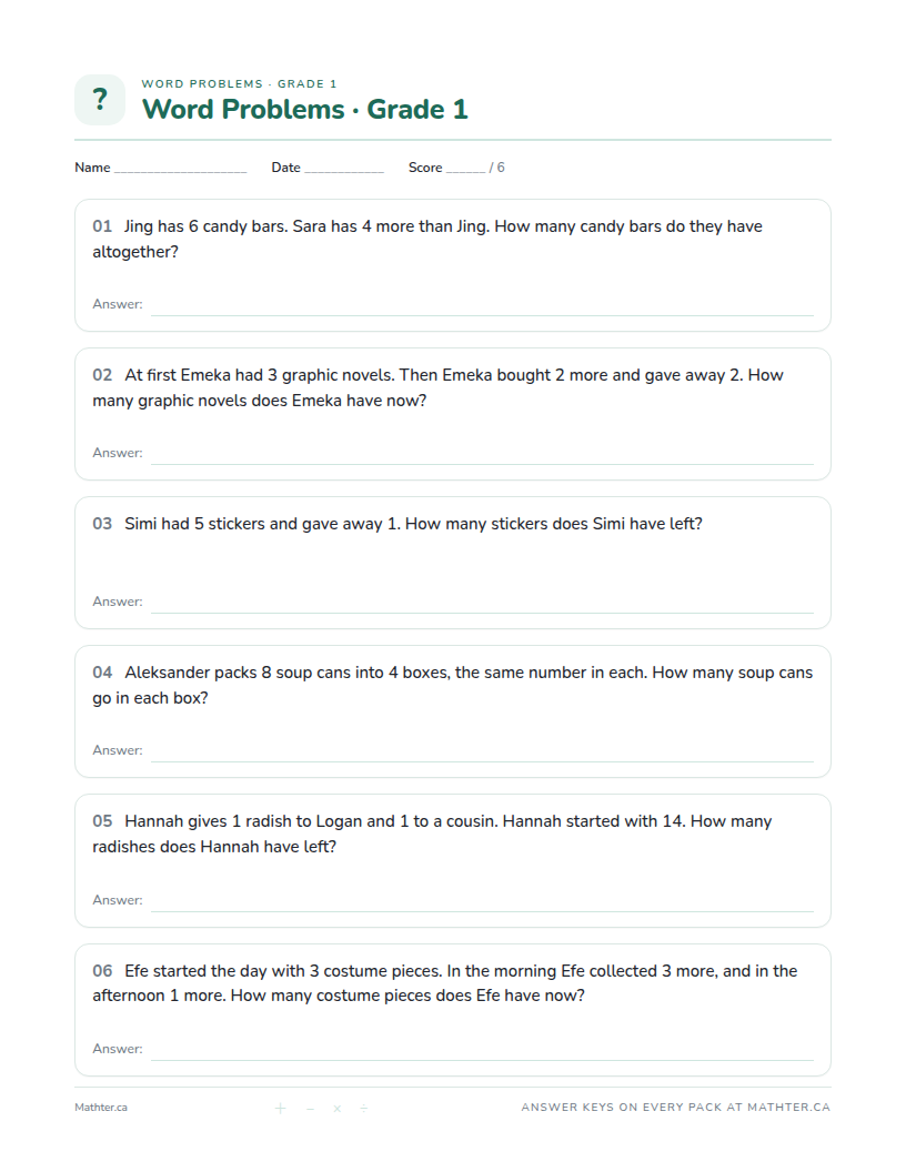 Intermediate Grade 1 word problem worksheet, page one