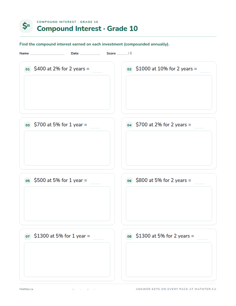 Beginner Grade 10 compound interest worksheet, page one