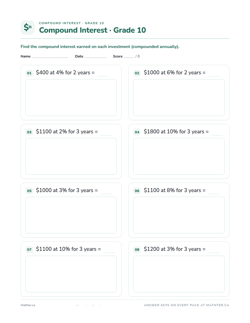 Intermediate Grade 10 compound interest worksheet, page one
