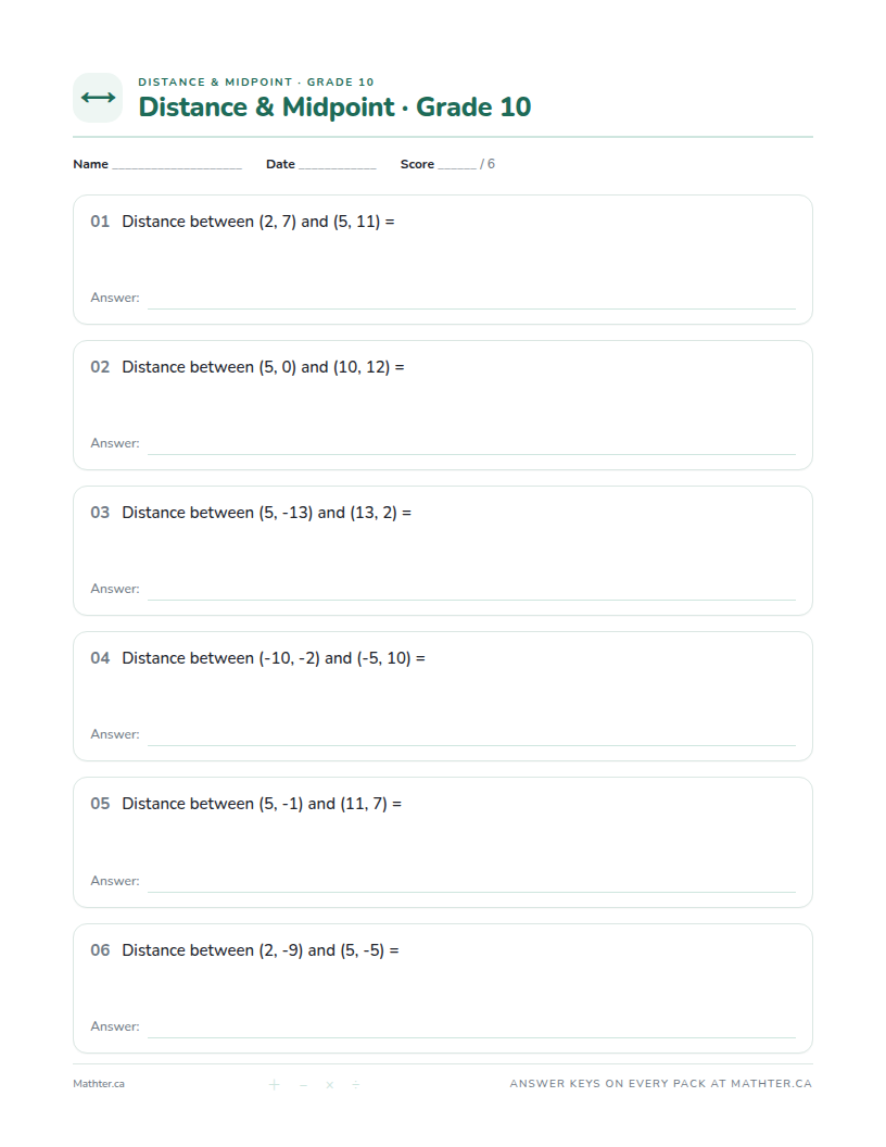 Advanced Grade 10 distance & midpoint worksheet, page one