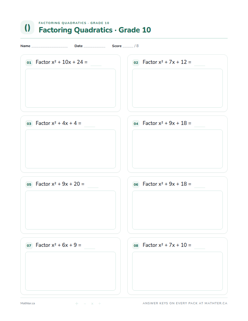 Beginner Grade 10 factoring worksheet, page one