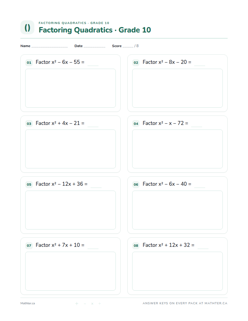 Advanced Grade 10 factoring worksheet, page one
