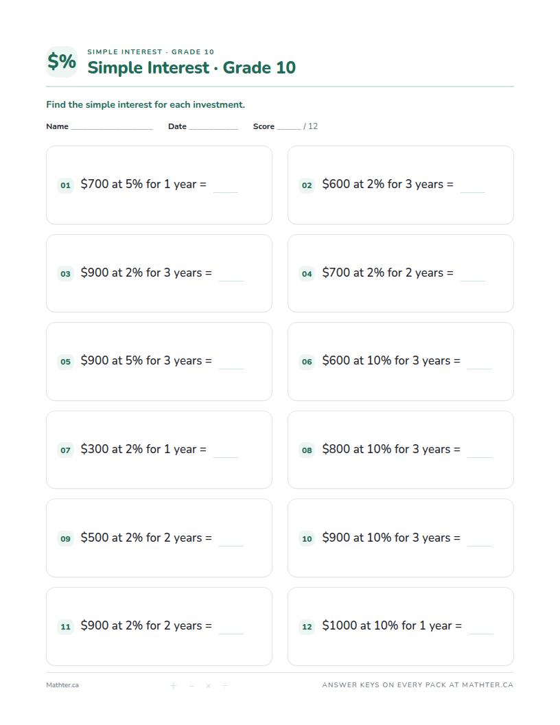Beginner Grade 10 simple interest worksheet, page one