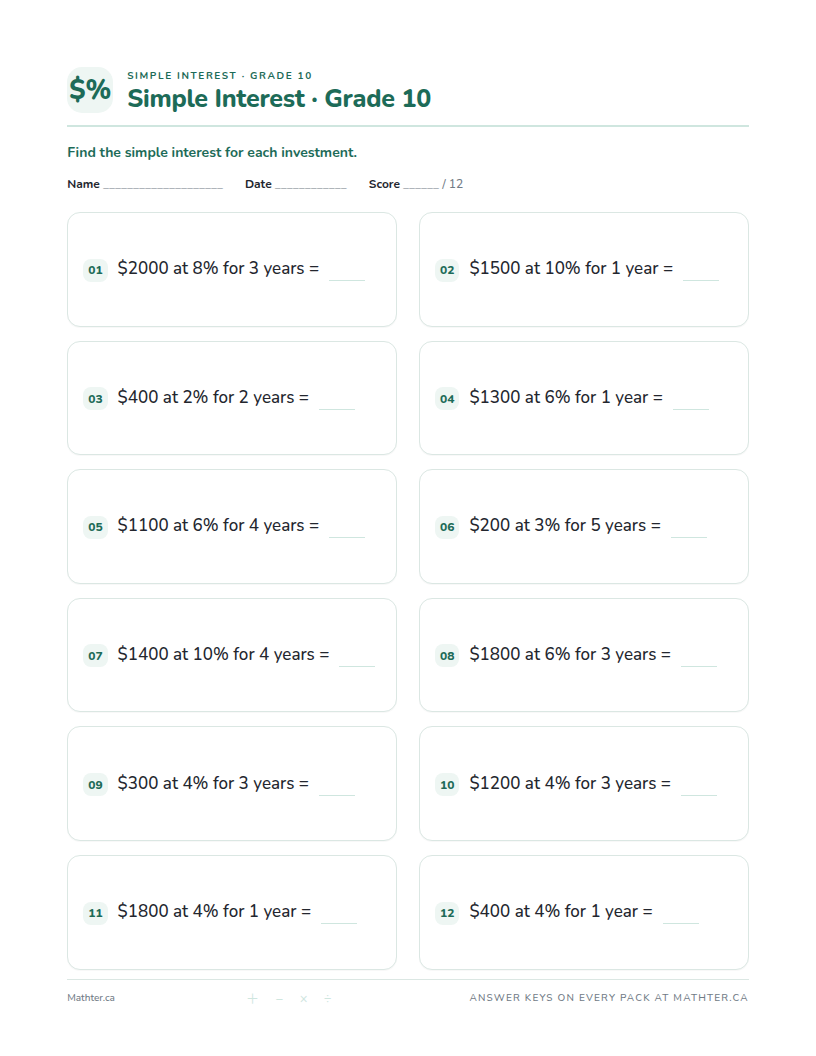 Intermediate Grade 10 simple interest worksheet, page one