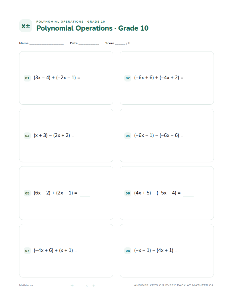 Beginner Grade 10 polynomial operations worksheet, page one