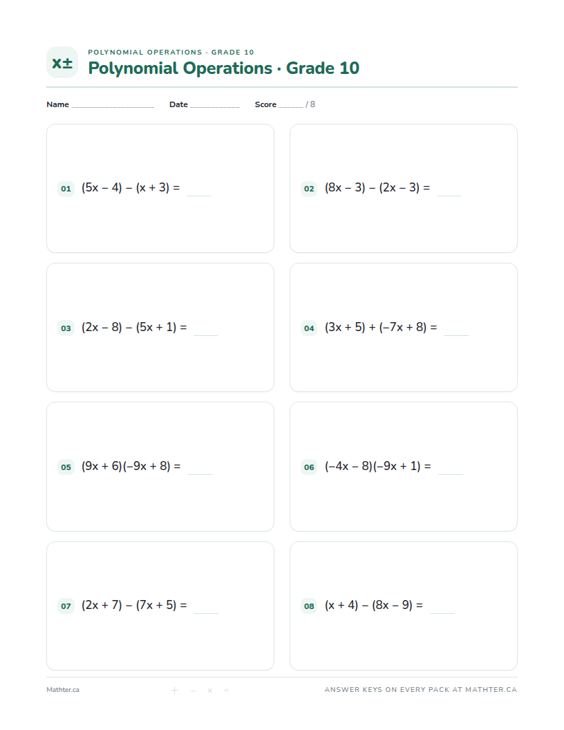 Intermediate Grade 10 polynomial operations worksheet, page one