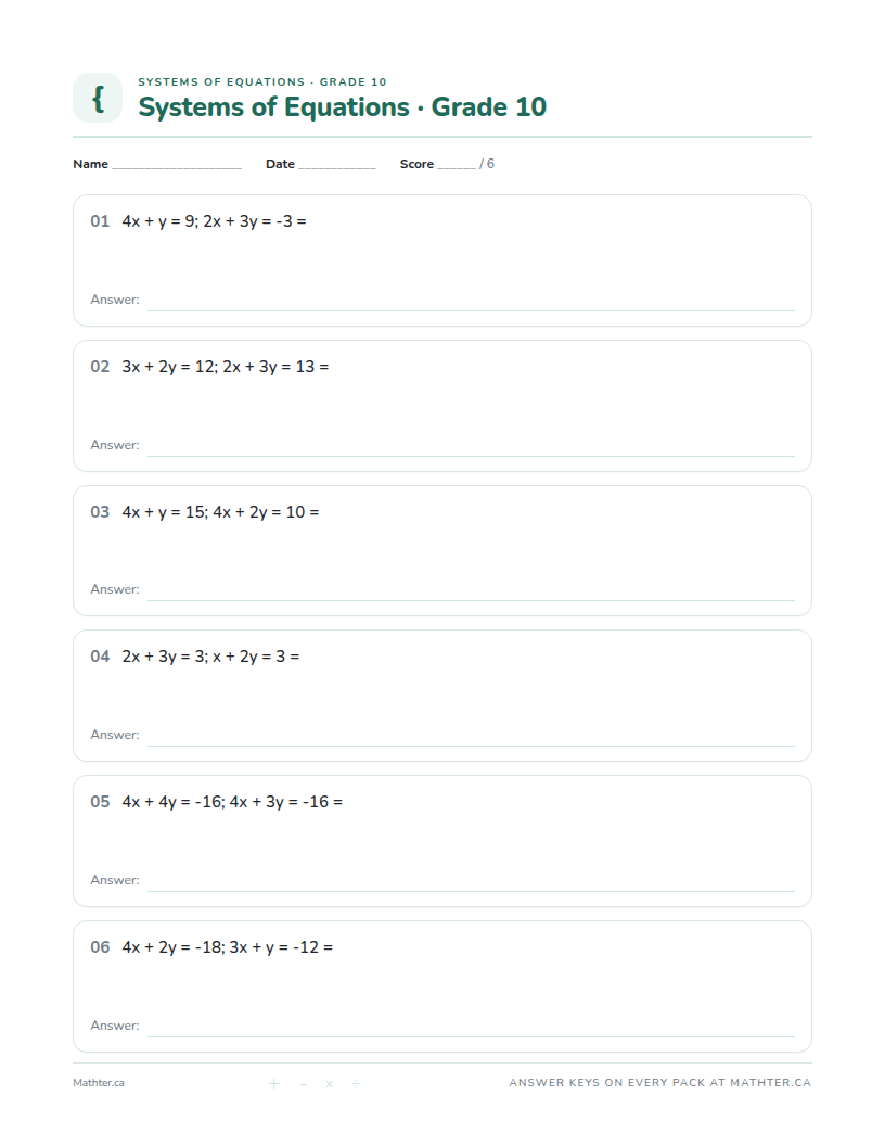 Beginner Grade 10 systems of equations worksheet, page one