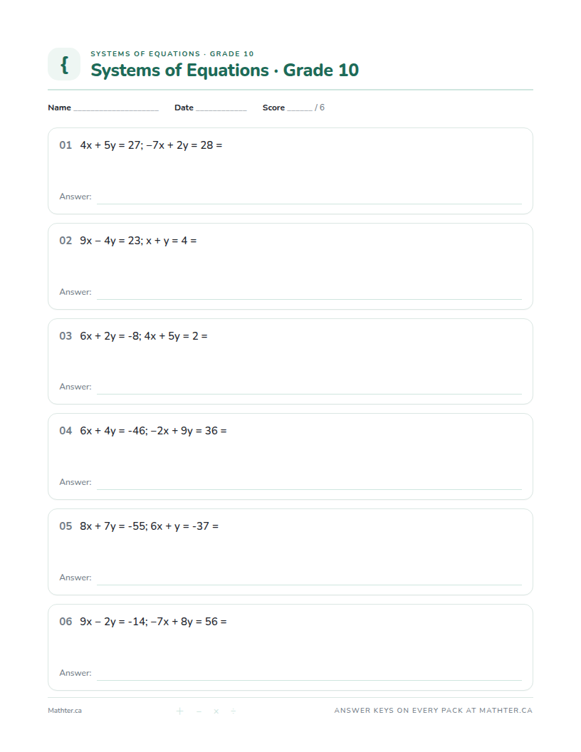 Advanced Grade 10 systems of equations worksheet, page one