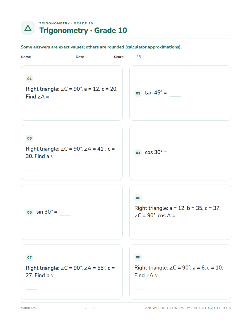 Beginner Grade 10 trigonometry worksheet, page one