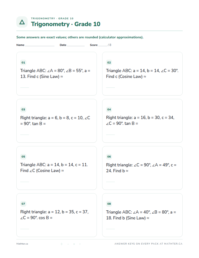 Advanced Grade 10 trigonometry worksheet, page one