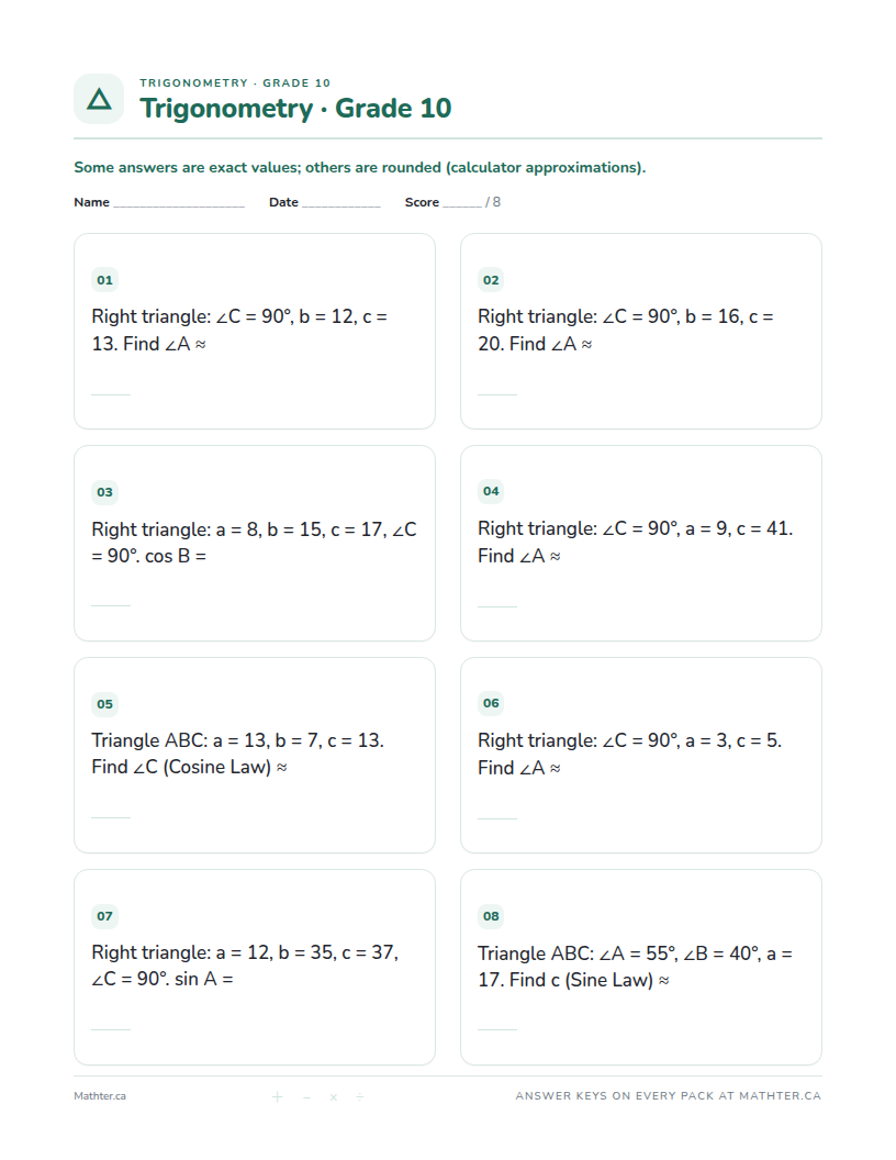 Intermediate Grade 10 trigonometry worksheet, page one