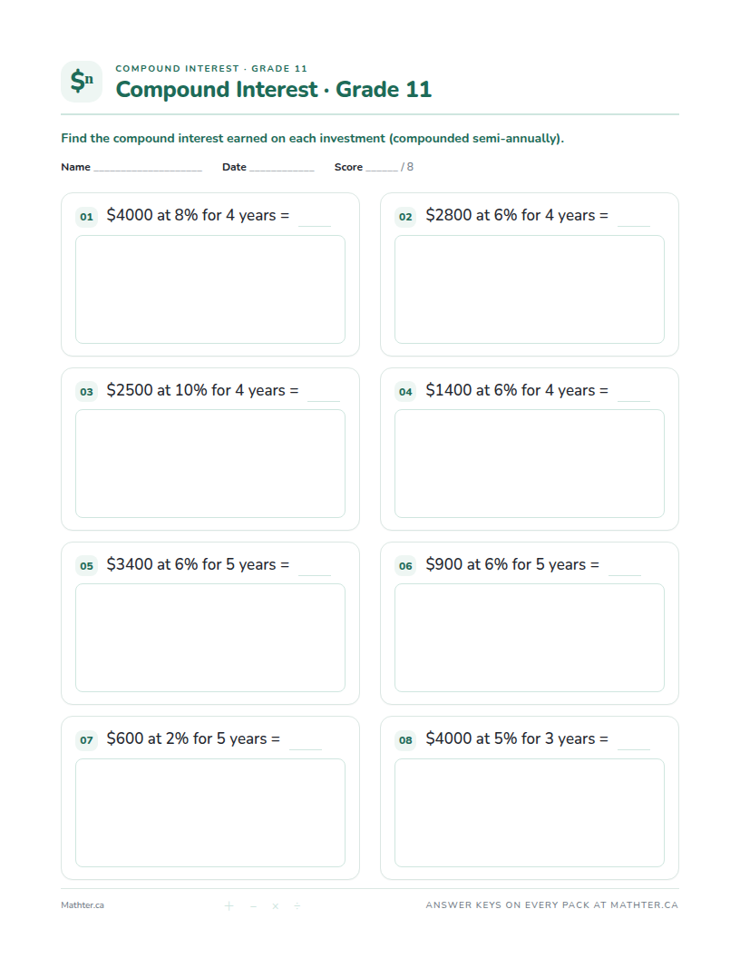 Advanced Grade 11 compound interest worksheet, page one