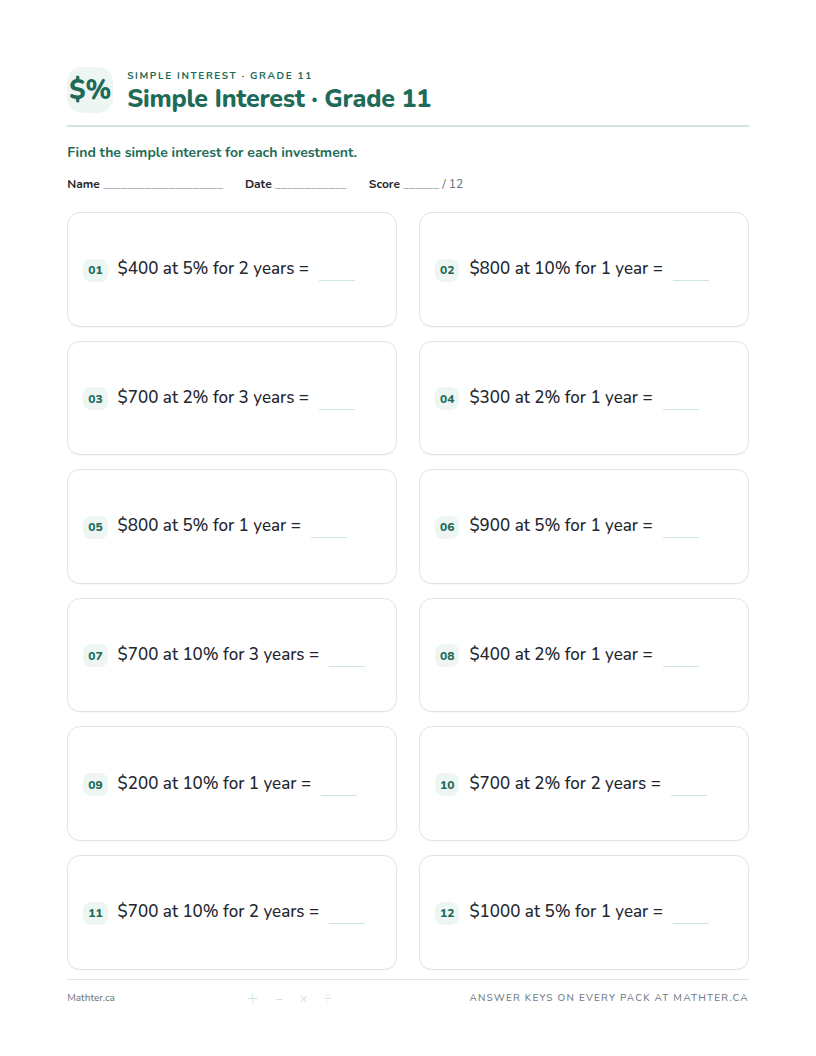 Beginner Grade 11 simple interest worksheet, page one