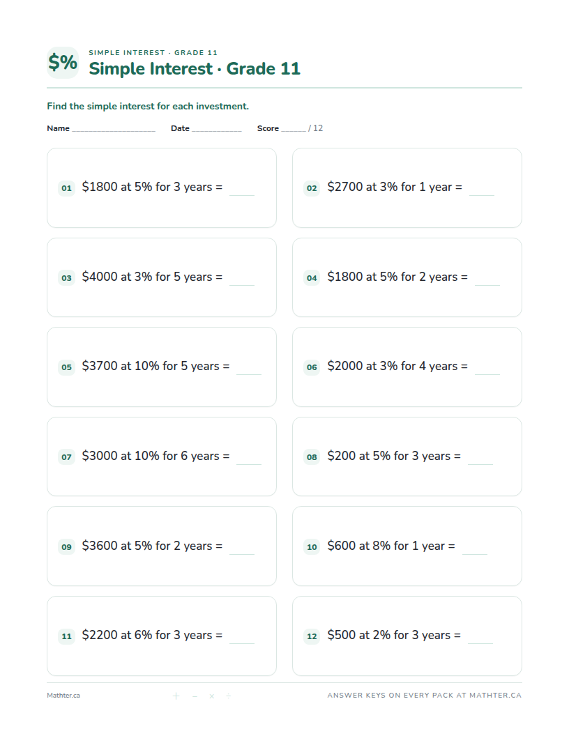 Advanced Grade 11 simple interest worksheet, page one