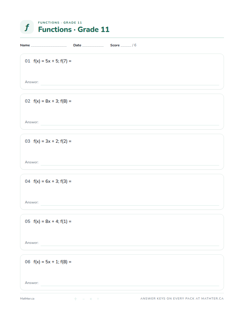 Beginner Grade 11 function worksheet, page one