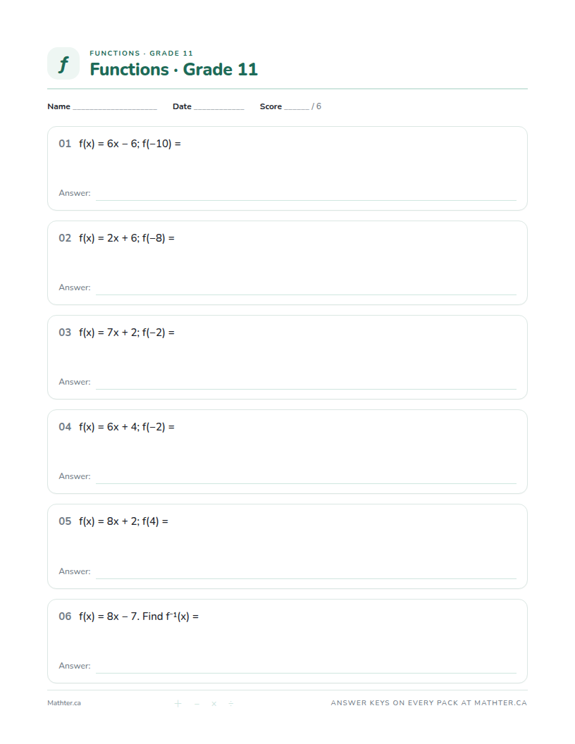 Intermediate Grade 11 function worksheet, page one