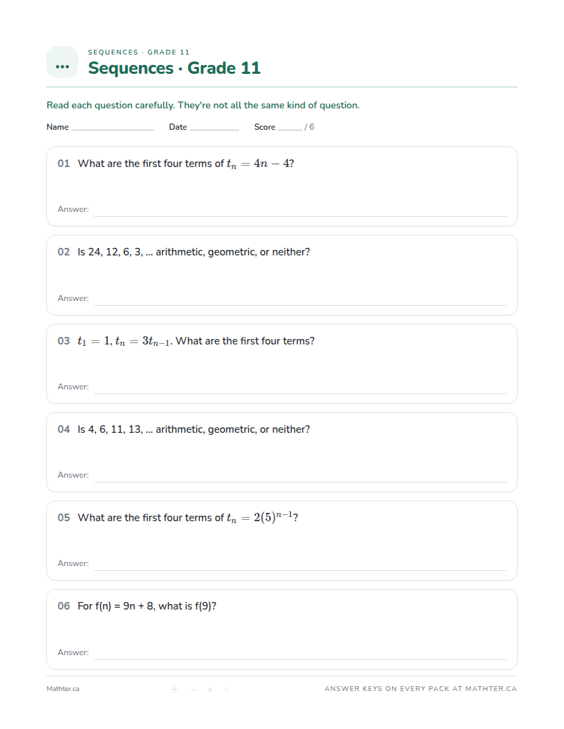 Beginner Grade 11 sequences worksheet, page one
