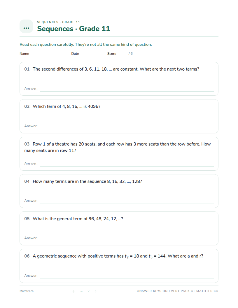 Advanced Grade 11 sequences worksheet, page one