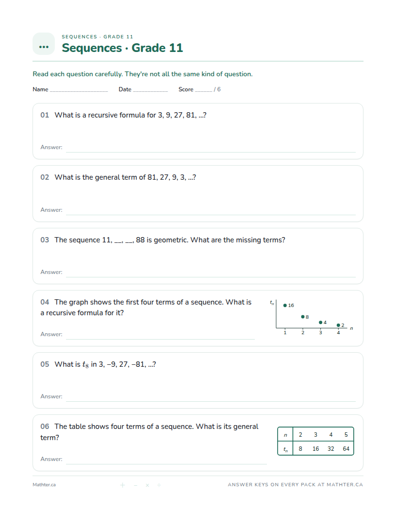 Intermediate Grade 11 sequences worksheet, page one
