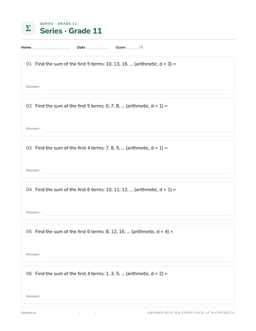 Beginner Grade 11 series worksheet, page one