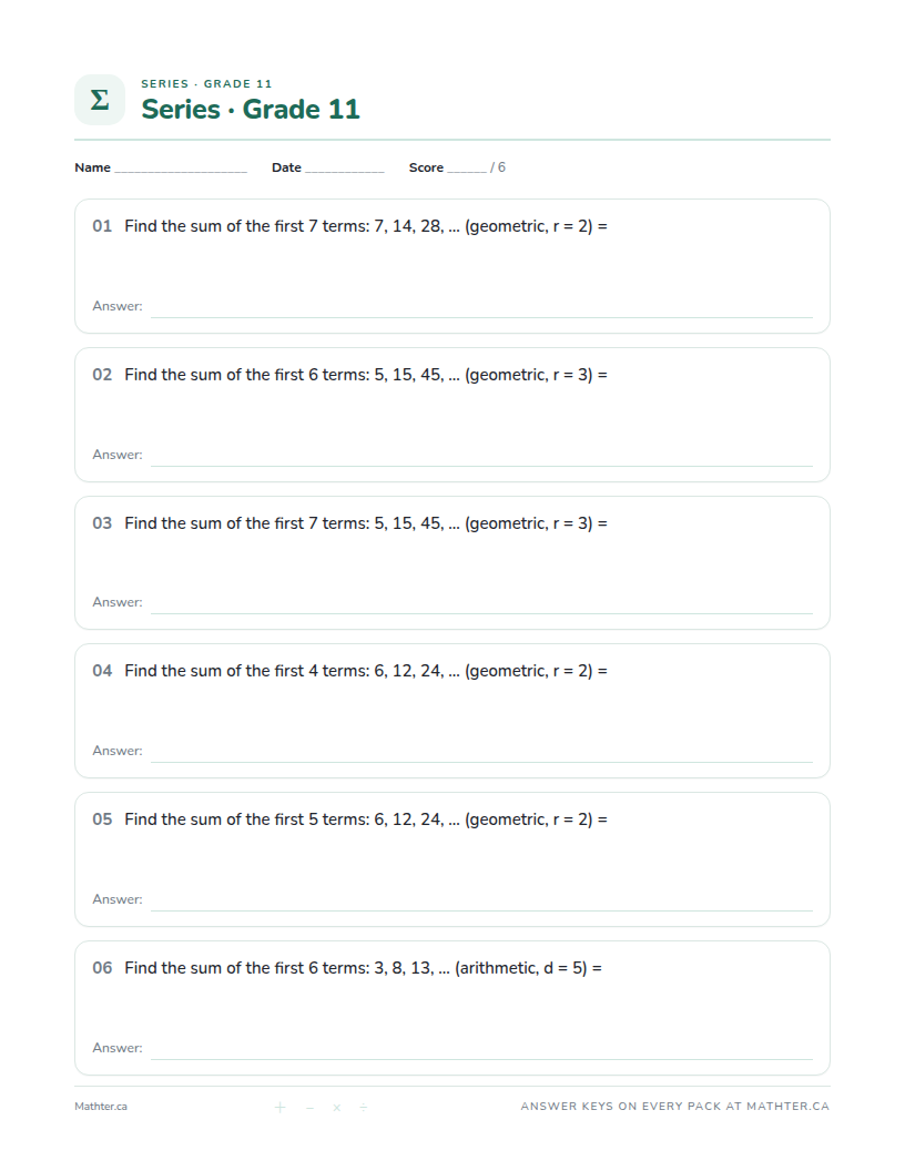 Intermediate Grade 11 series worksheet, page one