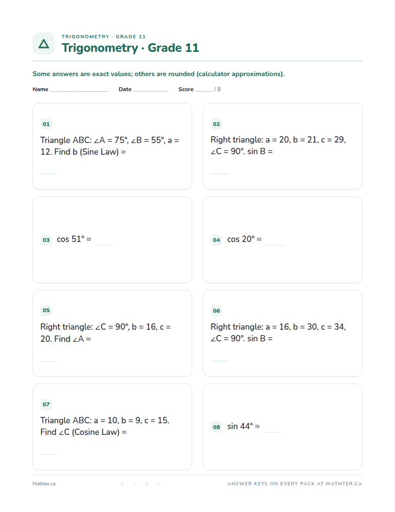 Intermediate Grade 11 trigonometry worksheet, page one