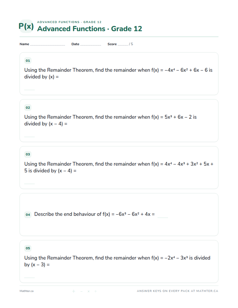 Beginner Grade 12 advanced functions worksheet, page one