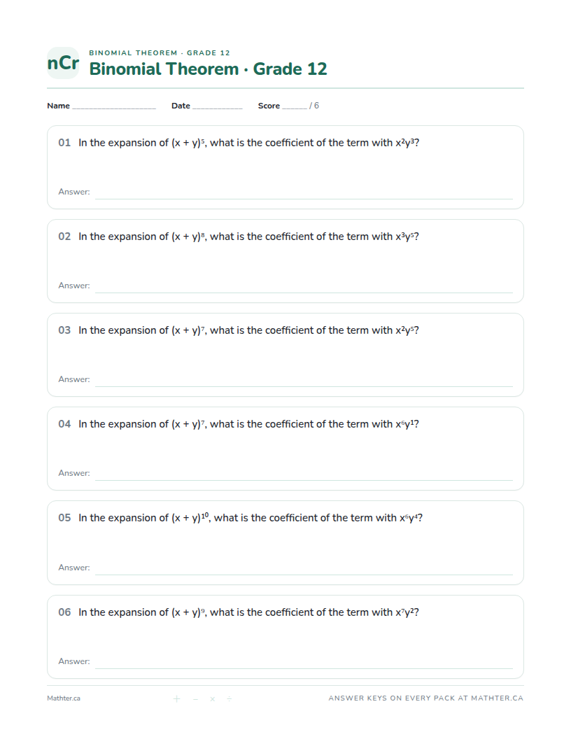 Intermediate Grade 12 binomial theorem worksheet, page one