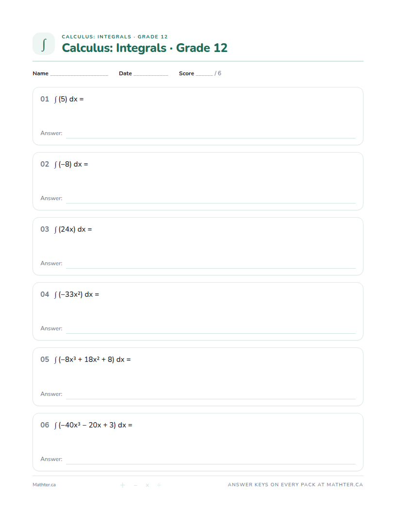 Advanced Grade 12 integrals (calculus) worksheet, page one
