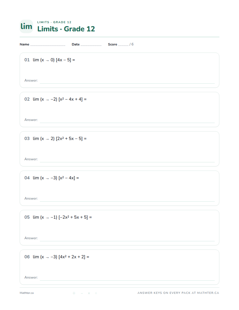 Beginner Grade 12 limits worksheet, page one