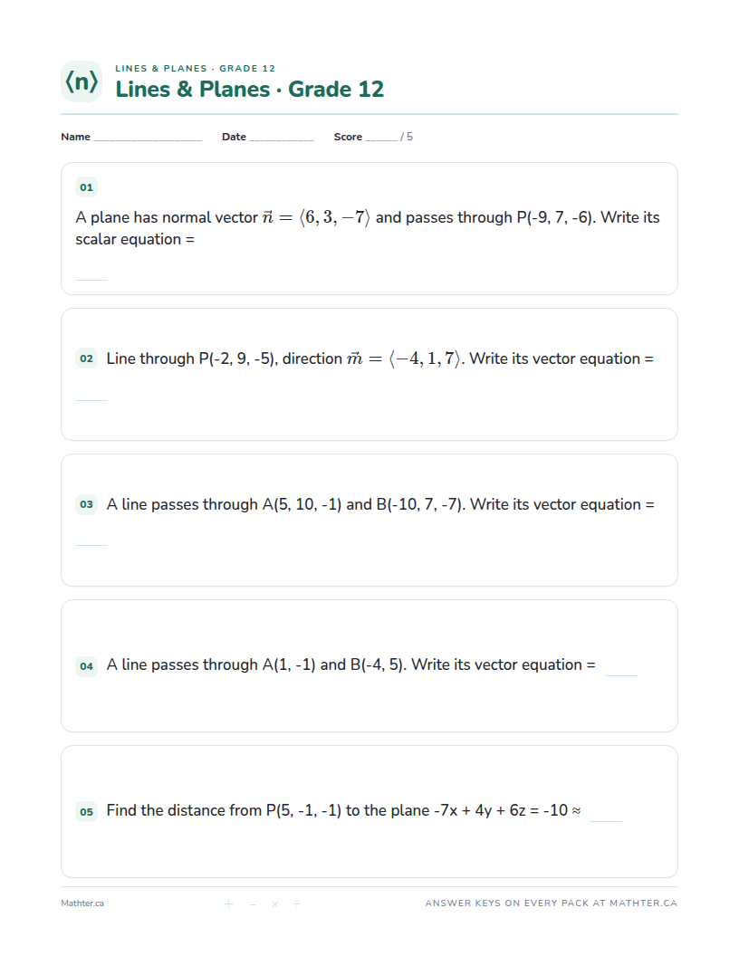 Advanced Grade 12 lines & planes worksheet, page one