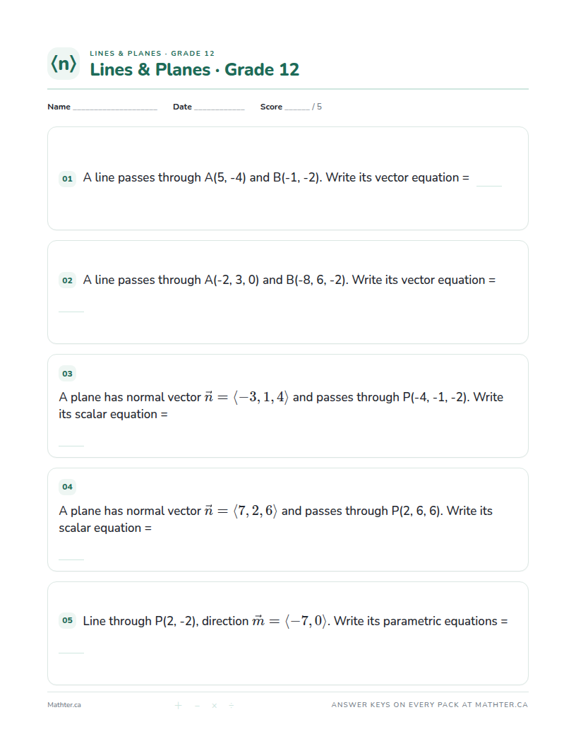 Intermediate Grade 12 lines & planes worksheet, page one