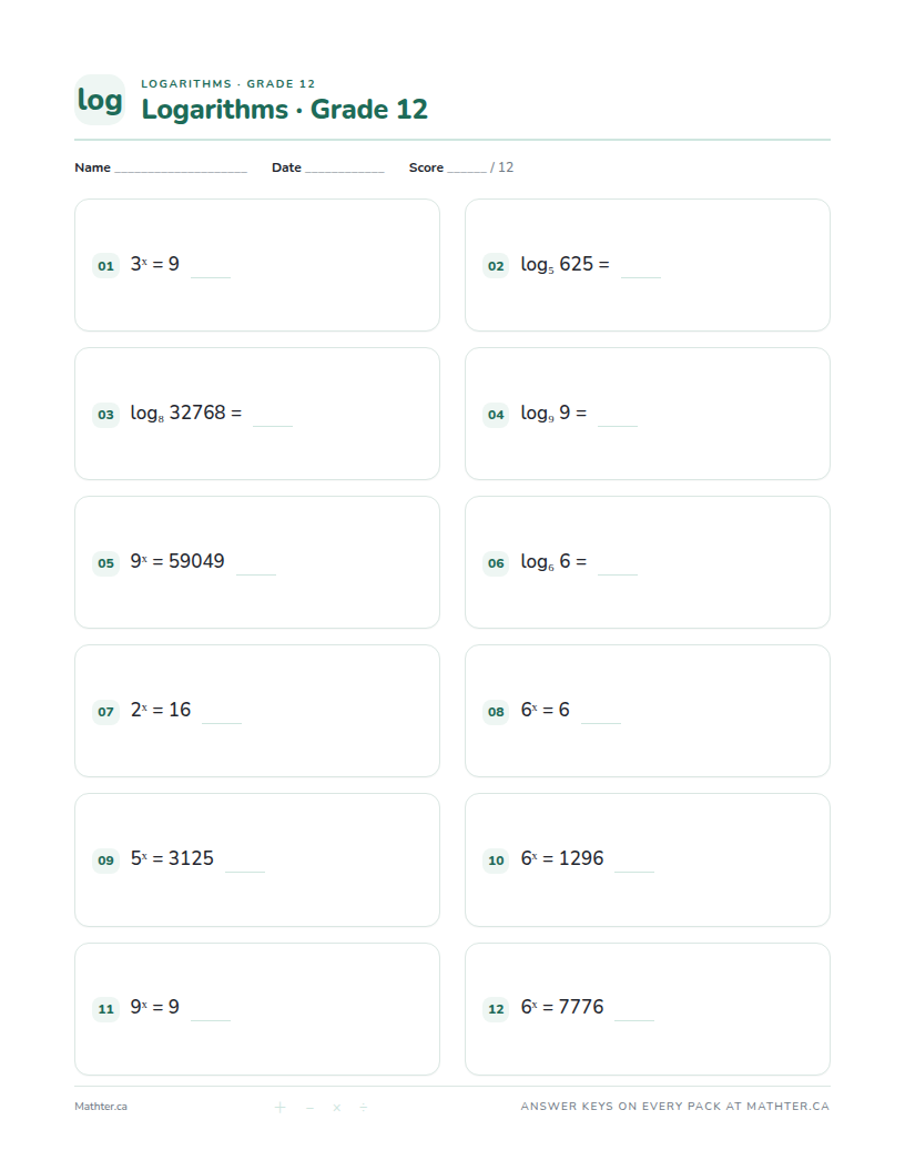 Advanced Grade 12 logarithm worksheet, page one