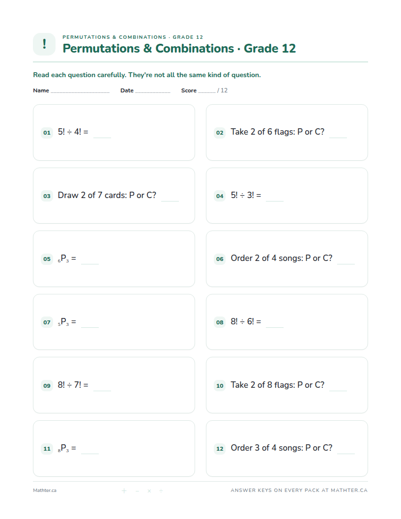 Beginner Grade 12 permutations & combinations worksheet, page one