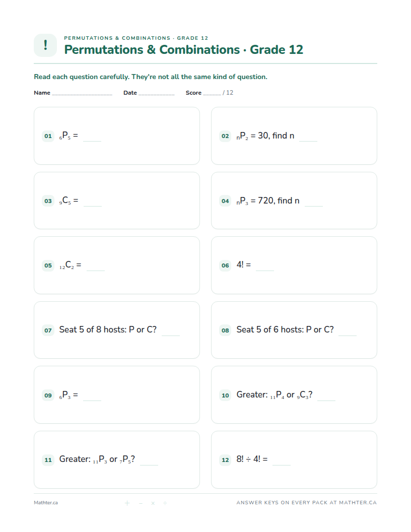 Intermediate Grade 12 permutations & combinations worksheet, page one