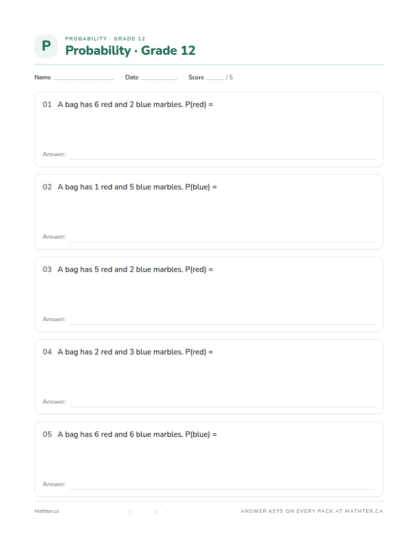 Beginner Grade 12 probability worksheet, page one